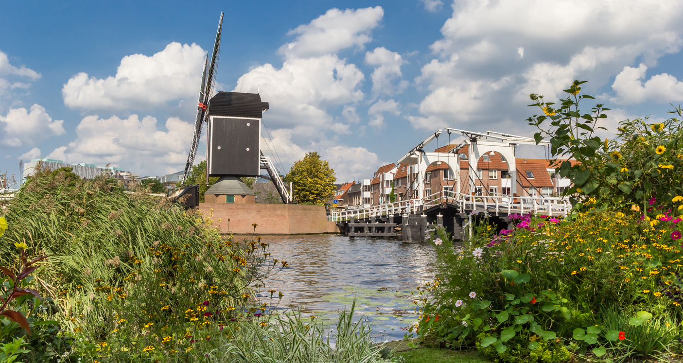 View of the De Put windmill and Rembrandtbrug in the historic city of Leiden, Holland. In this neighbourhood the famous Dutch painter Rembrandt was born. Photographic credit Venemama